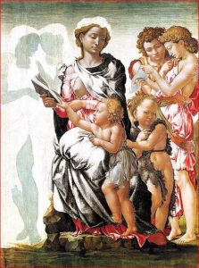 Buonarroti: Madonna di Manchester, intorno agli anni 1496-97, tecnica a tempera su tavola,  102 x 76 cm., National Gallery, Londra