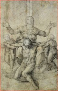 Buonarroti: Pietà per Vittoria Colonna, intorno al 1546, tecnica a carboncino su carta, dimensioni 28,9 x 18,9 cm., Isabella Stewart Gardner Museum, Boston.