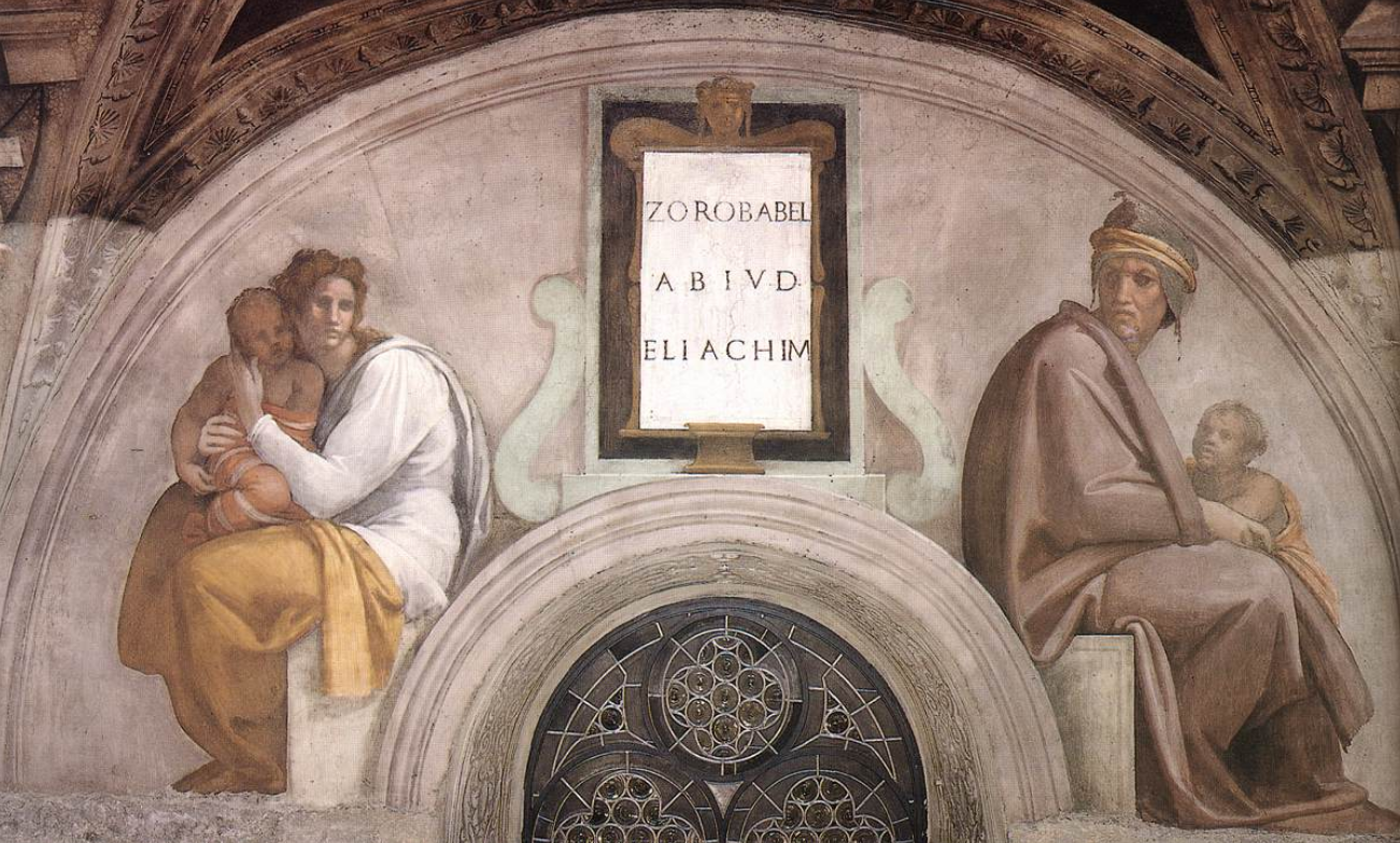 Michelangelo Buonarroti: Lunetta con ZorobabeleAbiud ed Eliacim, intorno al 1508-11, dimensioni 340 x 650 cm., Cappella Sistina, Città del Vaticano.