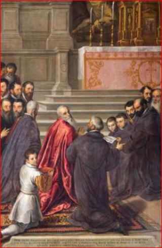 Palma il Giovane. Pasquale Cicogna riceve in chiesa l’annuncio della sua elezione al dogado (1586)