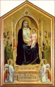 Giotto: Maestà di Ognissanti, intorno al 1310, tecnica a tempera su tavola, 325×204 cm. Uffizi, Firenze