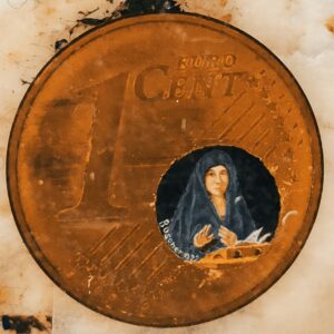 Riproduzione della Annunciata di Palermo di Antonello da Messina, realizzata dentro il mappamondo della moneta da un centesimo di euro.